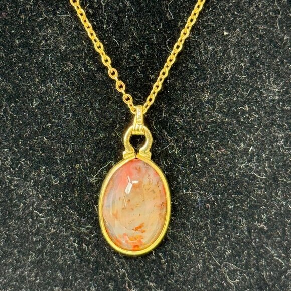 Vintage Gold-Plated Chain Necklace With Oval 12K Gold Moss Agate Pendant - Picture 3 of 7